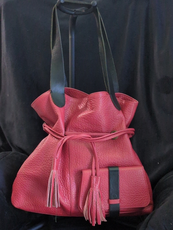 Handbags - Maurizio Taiuti Red Leather Tassel Drawstring Tote Bag